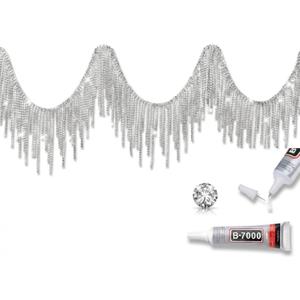Rhinestone Fringe Rhinestone Fringe Belt Beaded Ribbon Diamond Tassel Chain for Jeans Clothing Accessories DIY Decoration (1 Yard, Silver)