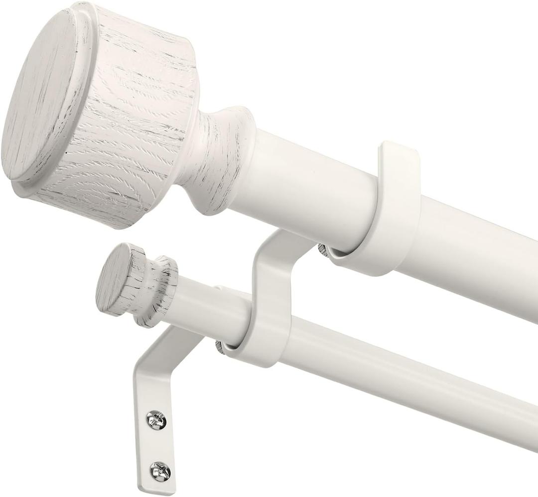 White Double Curtain Rod 36 to 153 Inch, Boho Decorative 1" Extra Long Dual Curtain Rods for Windows, Adjustable Heavy Duty Farmhouse Double Drapery Pole with Modern Faux Wood Grain Finials