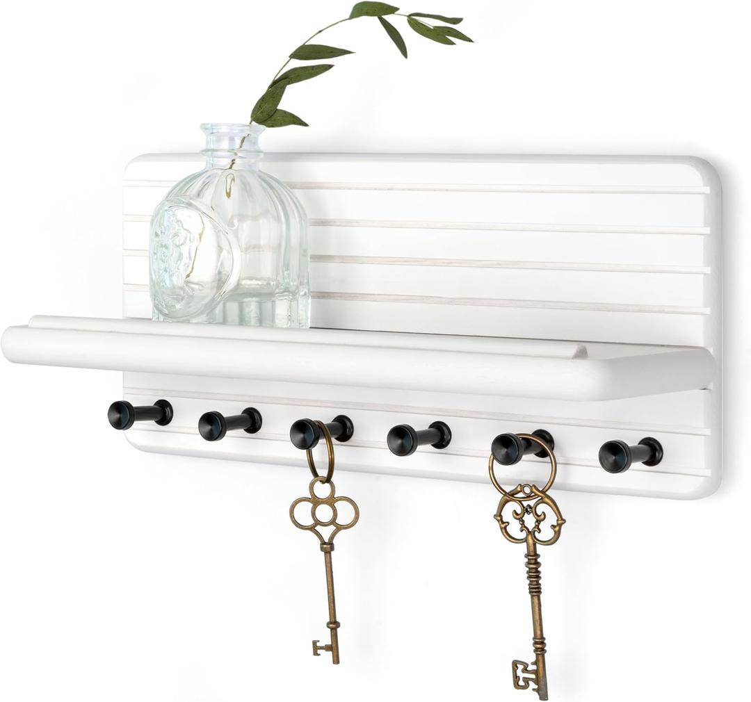 Rebee Vision Decorative Key Holder Wall Mount for Home Organization  11-inch Pine Wooden Key Holder for Wall with 6 Hooks & Floating Shelf - Modern Farmhouse Home Decor (White)