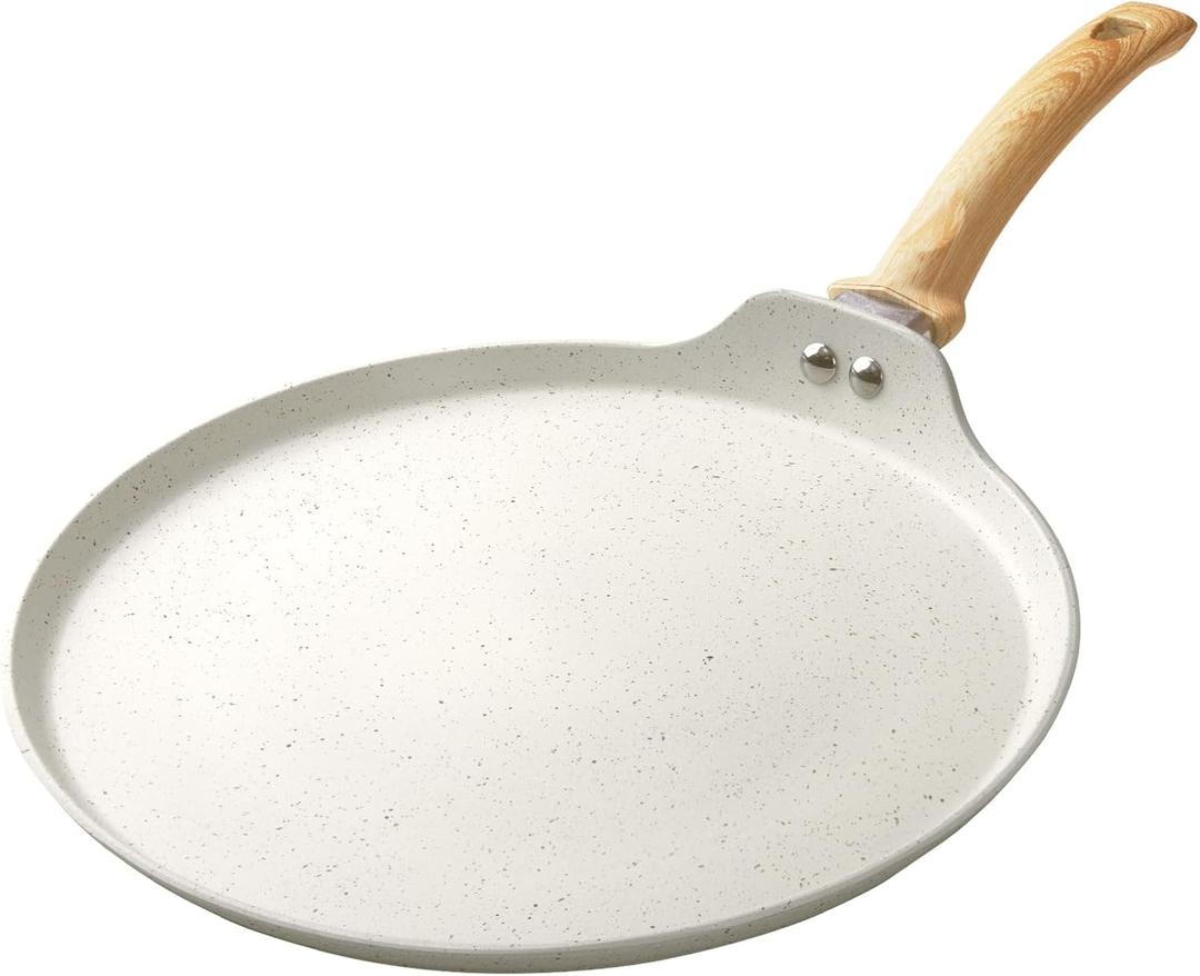 Innerwell Nonstick Crepe Pan, Granite Coating Flat Skillet Dosa Tawa Tortilla Pan, 10 inch White Pancake Griddle Roti Pan With Stay-Cool Handle, Induction Compatible, PFOA Free