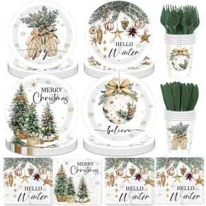 144Pcs Merry Christmas Paper Plates and Napkins -Snowflake Christmas Tree Bell Dinnerware Set for Hello Winter Holiday Xmas Party Supplies