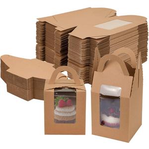 Jucoan 100 Pack Single Cupcake Boxes, Kraft Paper Individual Cupcake Container with Window Insert Handle, Portable Bakery Containers for Small Cake, Muffins, Birthday Wedding Baby Shower Party
