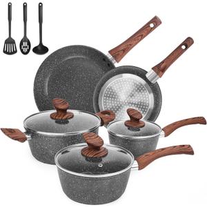 M MELENTA Granite Pots and Pans Set Non Stick, 11 Piece Die-Cast Induction Cookware Set, Nonstick Kitchen Cooking Set w/Frying Pans & Saucepans, PFOA Free