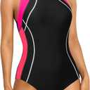 ATTRACO Womens One Piece Swimsuit Athletic Bathing Suits Training Sport Swimwear for Women (X-Large, A-pink/Black)