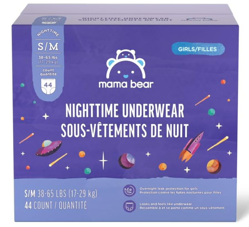 Amazon Brand - Mama Bear Girl's Nighttime Underwear for Bedwetting, Overnight Protection, Hypoallergenic, Size S/M (38-65 lbs), 44 Count, White