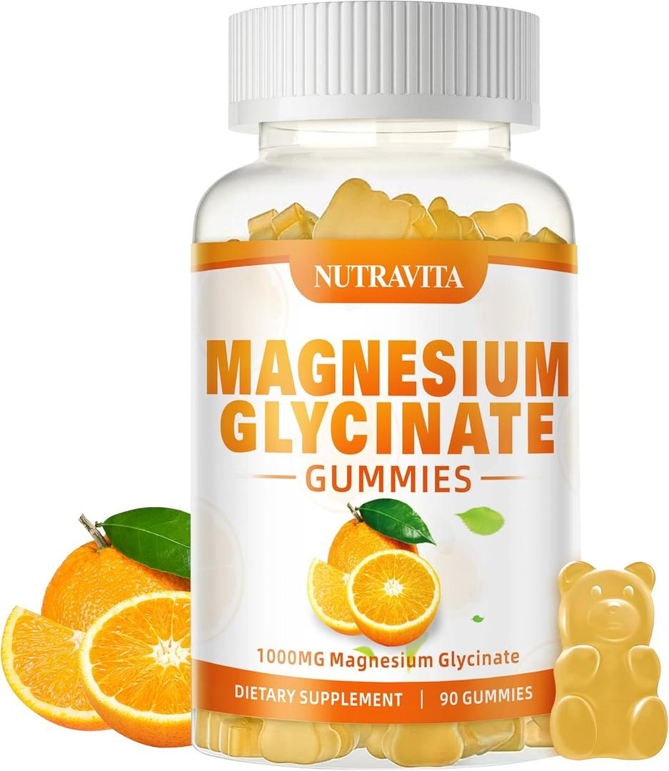 Magnesium Glycinate Gummies 1000mg with Magnesium L-Threonate,Chelated Magnesium Potassium Complex Supplement with VitD, B6, CoQ10, Calcium,Supports for Memory, Calm, Mood - 90 Gummies Orange