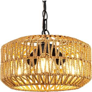 Boho Rattan Chandelier, 3-Lights Farmhouse Hanging Pendant Light, 11.8" Rustic Wicker Woven Chandeliers for Living Room, Kitchen Island(No E26 Bulbs, Not Exceeding 4.3")