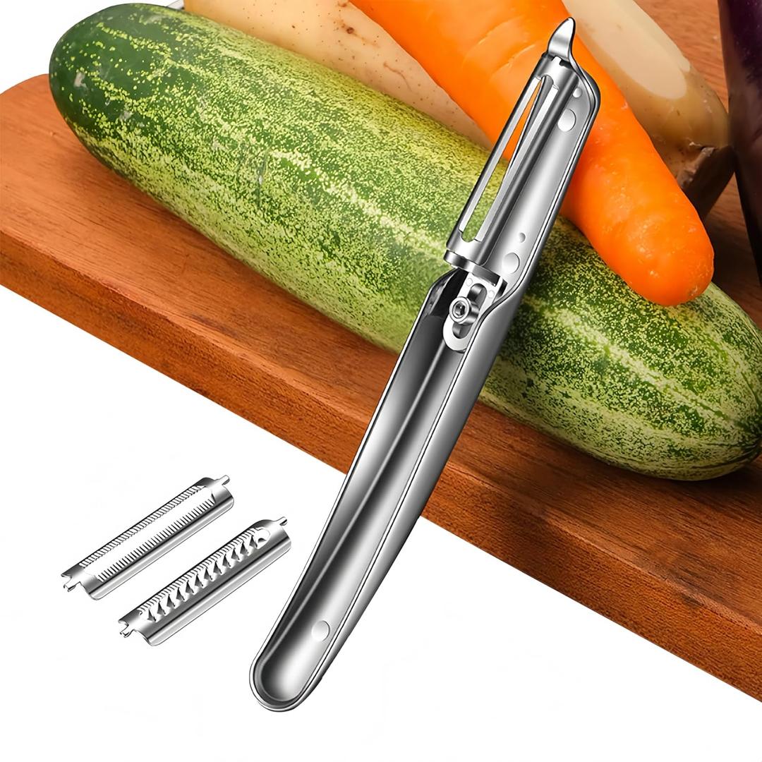 Swivel Vegetable Peeler for Kitchen,Removable bladesEquipped With three Interchangeable blades (flat, serrated, Julienne),3-in-1 peeler for perfect peeling and shredding.
