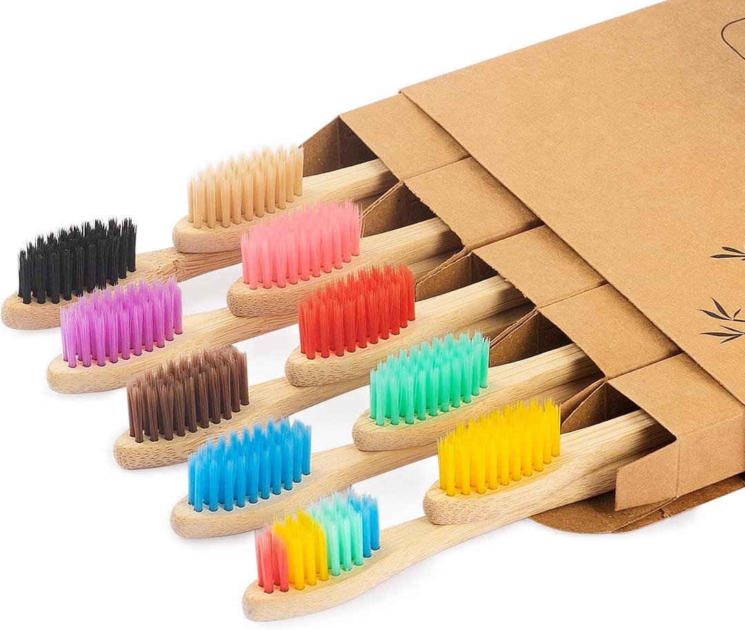 NUDUKO Biodegradable Bamboo Toothbrushes, 10 Piece BPA Free Soft Bristles Toothbrushes, Natural, Eco-Friendly, Green and Compostable (Multicolored Bristles)