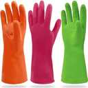 Cleanbear Reusable Dish Washing Rubber Glove Set of 3, Household Cleaning Gloves for Washing (Medium, Green,red,orange)