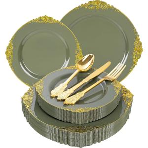 125PCS Olive Green Plastic Plates - Green and Gold Disposable Plates - Vintage Plate with Gold Plastic Silverware Sets for 25 Guests for Wedding & Party & Spring Party