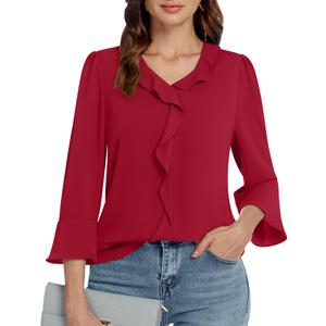 Funlingo Womens 3/4 Sleeve Tops Dressy Casual Ladies Chiffon Tunic Blouses V Neck Business Work Ruffle Shirts 2025 Summer Clothes (Red, L)