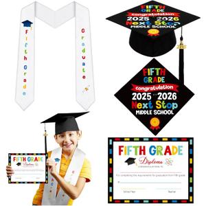 Cuffbow 3 Pcs 5th Grade Graduation Set Class of 2026 Graduation Cap and Stole Sash with Diploma Certificates Set Teachers Parents Gifts for Students