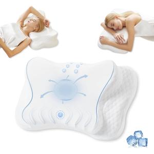 Releep Adjustable Neck Pillow, Cooling Ergonomic Side Sleeper Pillow, Contour Neck Support Pillow, Memory Foam Bed Pillow for Back Stomach Sleeper, White