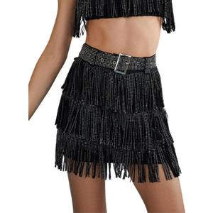 Womens Sparkle Rhinestone Fringe Skirt Elastic Waistband Short Mini Dress with Adjustable and Removable Belt (Small, Black)