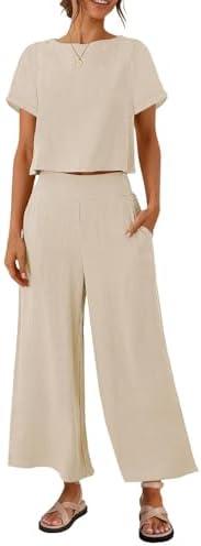 ZESICA Women's 2 Piece Outfits Linen Short Sleeve Crop Top and Wide Leg Pants Lounge Matching Set Tracksuits Trendy Clothes, M