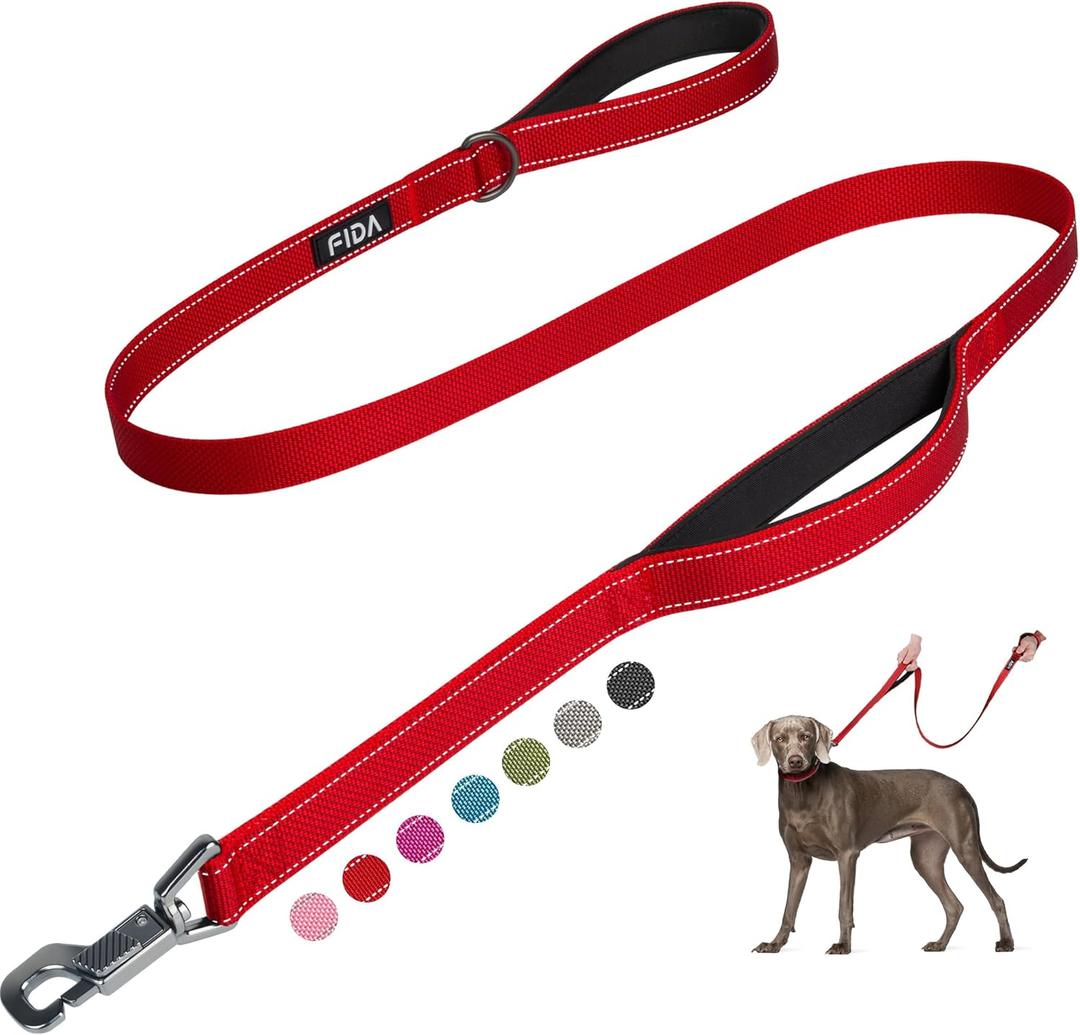 Fida 5 FT Heavy Duty Dog Leash with 2 Comfortable Padded Handles, Traffic Handle & Advanced Easy Snap Hook, Reflective Walking Lead for Large, Medium & Small Breed Dogs, Red (5 Feet (Pack of 1))