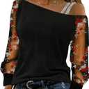 SOLY HUX Women's Floral Embroidery Mesh T Shirt Cold Shoulder Long Sleeve Asymmetrical Neck Tee Tops (Black and Red Floral)
