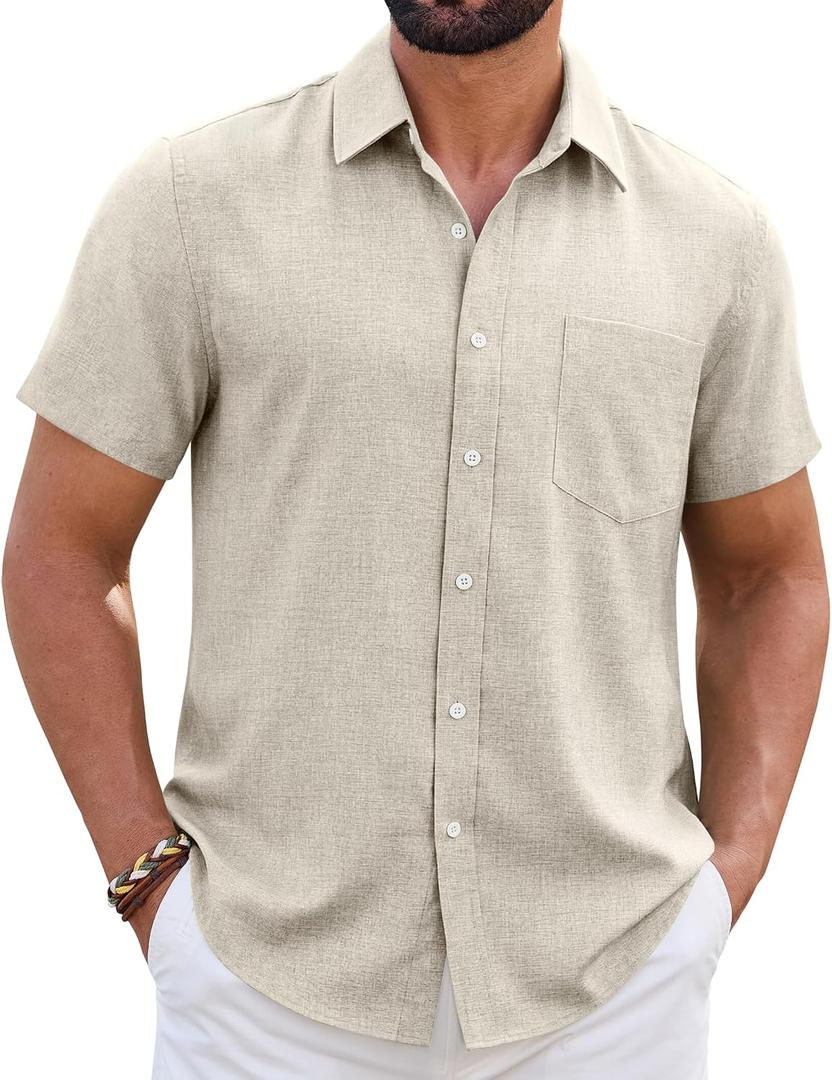 Mens Linen Shirt Short Sleeve Wrinkle Free Casual Untucked Button Down Shirts Beach Breathable Tops Summer, XL