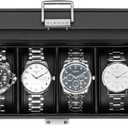 Vlando 6-Slot Watch Case for Men, Watch Box with Glass Lid, Lockable Watch Holder, Business Textured Leather Organizer Display Case, Soft Pillow, Gifts for Fathers, Dad, Husband, Valentines - Black