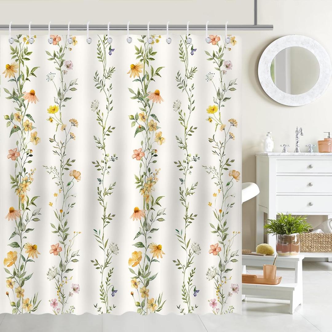 Mocsicka Boho Floral Shower Curtain Green Vines Bohemia Flower Bathroom Shower Curtain Floral Waterproof Fabric Shower Curtain Bathtub Decor with 12 Hooks 72 X 72 Inches