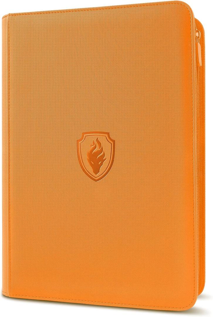 Premium Zip Card Binder, Fabmaker 9 Pocket Trading Card Binder, PU Cover Zipper Card Collection Album, Sturdy 360 Side-Loading Card Folder Holder for Game & Sports Cards, Orange (9 Pocket - 13.9" x 10.5")