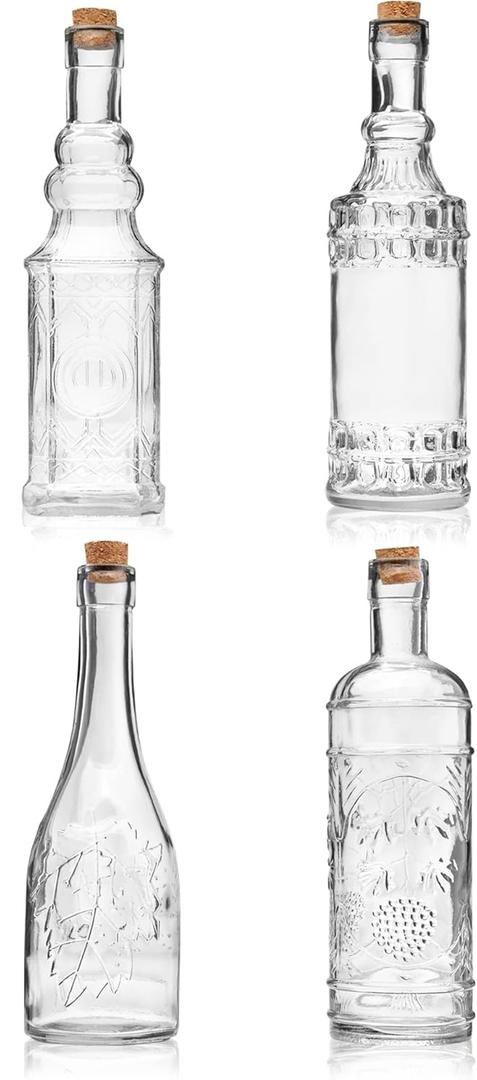 BULK PARADISE Assorted Clear Glass Bottles with Corks, 4 Pack, 2.5in X 9in, 16oz