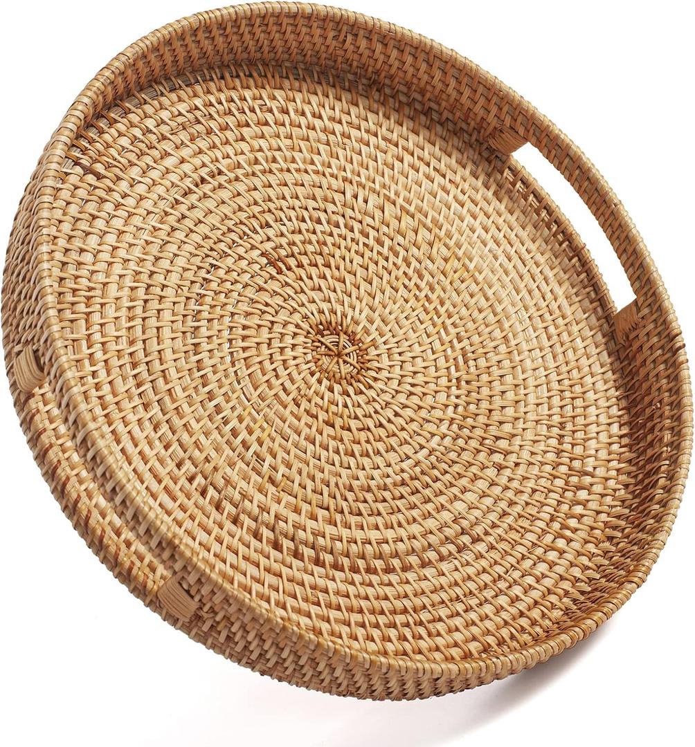 Coffee Table Tray Round Rattan Ottoman Tray Woven Serving Trays with Handles for Home and Kitchen Decorative Natural (Large 14 inch x 2.4 inch)
