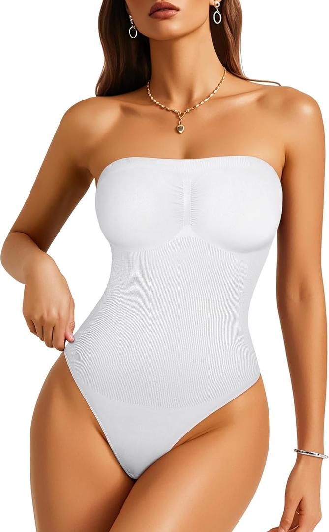 Irisnaya Strapless Shapewear Bodysuit for Women - Thong Bodysuit Tummy Control Tube Top Body Suits with Removable Strap (Large, White)