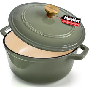 MUELLER HOME 4.5 Quart Enameled Cast Iron Dutch Oven For Sourdough Bread Baking, Heavy-Duty, Oven-Safe up to 500 F & Across All Cooktops, Casserole Dishes, Green Kitchen Accessories, Thyme Green