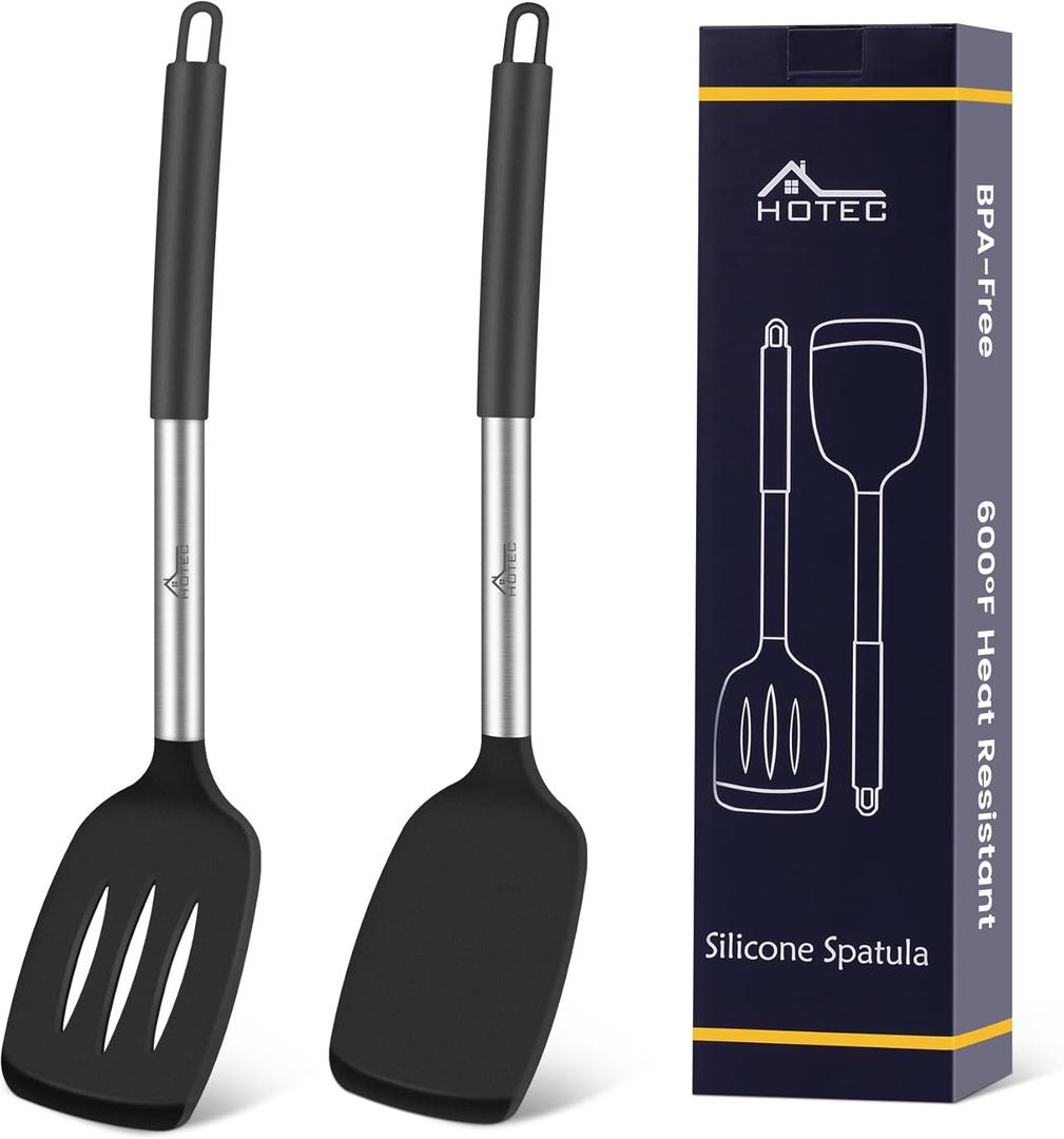 HOTEC Silicone Spatula Set of 2 Heat-Resistant 600F & BPA-Free Kitchen SaptulaTurner with Stainless Steel Handles, Slotted & Solid Spatulas for Nonstick Cookware, 13.7 Inch, Black