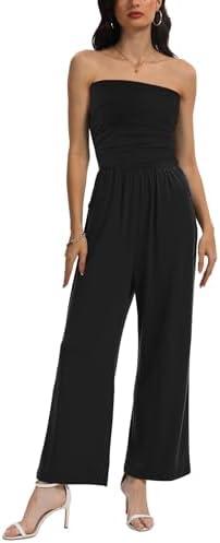 STOLKISS Women’s Tube Top Jumpsuits Strapless Belted Wide Leg Bustier Jumpsuit Backless Baggy Long Pants Rompers with Pockets,S