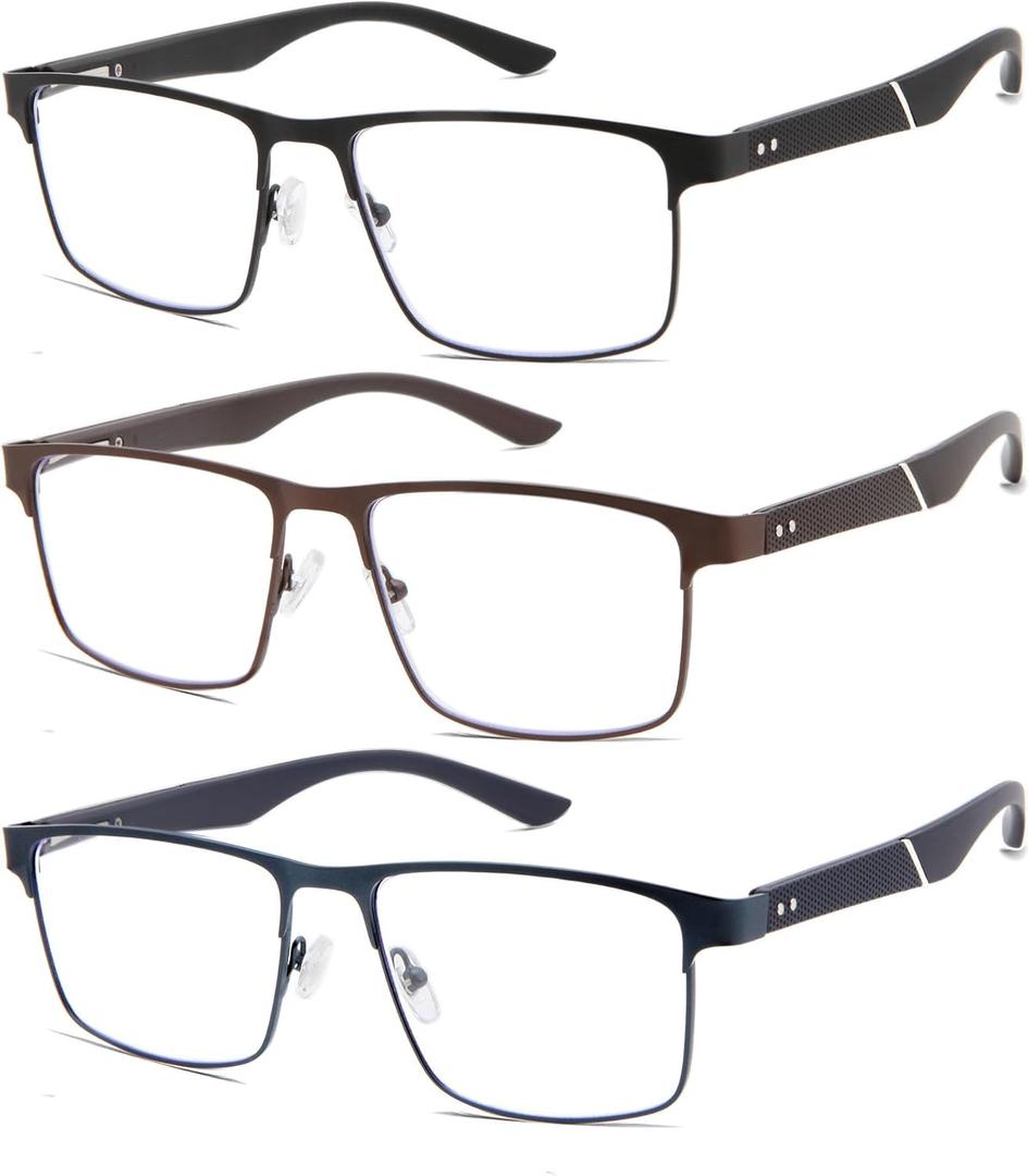 Babrvma 3 Pack Reading Glasses for Men 1.0+, Blue Light Blocking Readers with Spring Hinge, Metal Frame Anti Glare/UV(1.00) 3 Pack Mix Color(black+blue+brown）