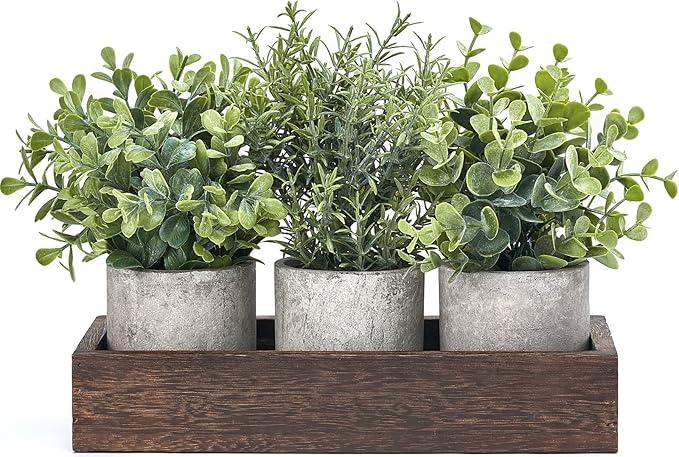 Dahey 3 Pack Mini Potted Artificial Eucalyptus Fake Plants with Wood Tray Centerpiece Table Decorations, Farmhouse Pulp Flower Pots Greenery Home Decor for Coffee Table Dining Room Office Kitchen