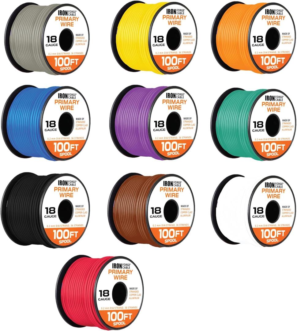 Iron Forge Cable 18 Gauge Primary Automotive Wire Assortment Pack - 10 Roll Bulk - 18 AWG Auto Wires - 100 Ft Copper Clad Aluminum Cable per Roll (Set of 10 - 100 Foot)
