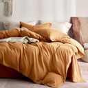 JELLYMONI 100% Washed Cotton Duvet Cover Queen  Soft, Breathable Linen-Look Bedding with Natural Wrinkle Texture, Button Closure, 3-Piece Set (Amber Orange, 90"x90")