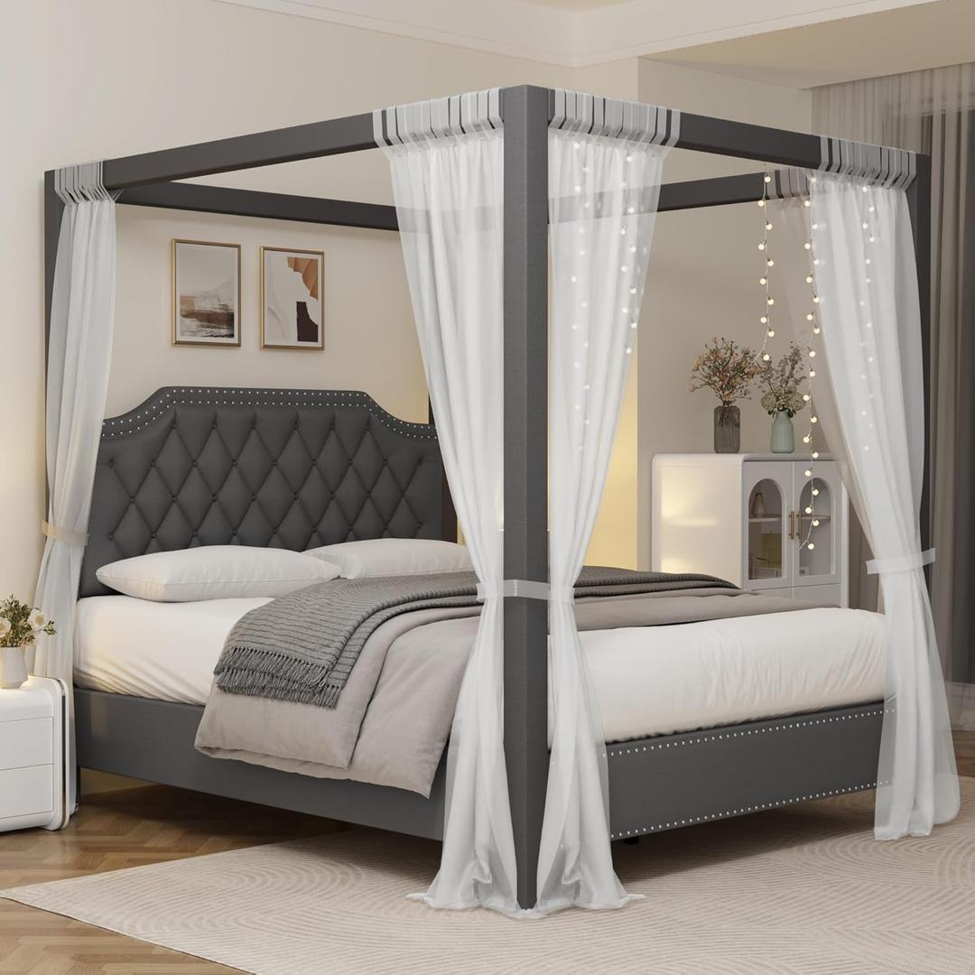IDEALHOUSE Queen Size Canopy Bed Frame with Nailhead Decoration HeadboardUpholstered Bed Frame with Poles 4 Corner Bed Bracket,Solid Wood Slats Support,No Box Spring Needed,Noise Free,Gray (Grey)