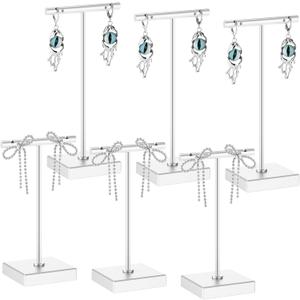 Kigeli 6 Pack Metal T Bar Earring Display Stand Retail Earring Display Holder Detachable Metal Earring Display Storage Rack Jewelry Photography Prop, Square Base, Height 4.3" and 5.1" (Silver)