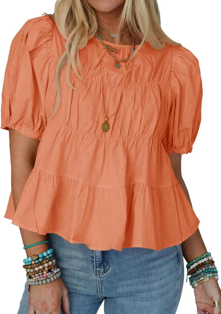 Tankaneo Womens Puff Sleeve Peplum Babydoll Tops Summer Smoked Pleated Cotton T-Shirts Casual Loose Fit Flowy Blouse (Large, Orange)