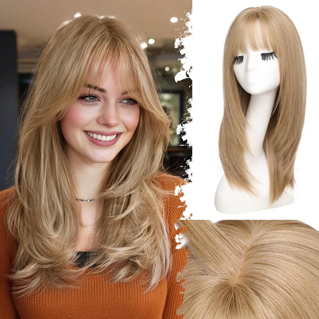 Eawwii Beginner-Friendly Wig with Bangs for Women Sandy Blonde Straight Face-Framing Layers Hairstyle 4x4 Realistic Scalp Glueless Synthetic Wigs Medium Length for Everyday Use