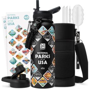 National Parks Water Bottle – 40 oz Insulated Stainless Steel Bottle with 63 Hand-Drawn Park Stickers, Carrier Bag, Strap & Gift Box – BPA-Free – Ideal for Hiking, Camping & Travel