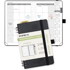 POPRUN Monthly Planner 2026-2027 (Pocket 4.25" x 6.25") 18 Months Calendar (Jan 2026 - Jun 2027) - 4 Pages per Month with Expense & Notes, Leather Cover, Sunday Starts - Black
