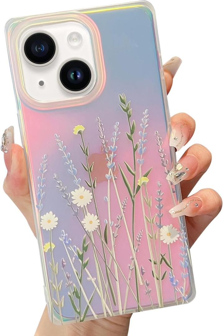Jmltech Cute Case for iPhone 15 Case Glitter Aesthetic Iridescent Girly Floral Flower Hybrid Shockproof Clear Silicone Luxury Protective Phone Cases for iPhone 15 6.1