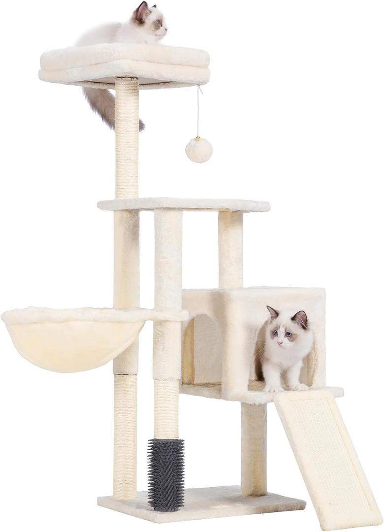 Heybly Cat Tree with Cat Self Groomer Brush, Cat Tower Condo for Indoor Cats with Padded Plush Perch, Cat House with Basket Scratching Board Post, Beige HCT005SM (42.5 inch)