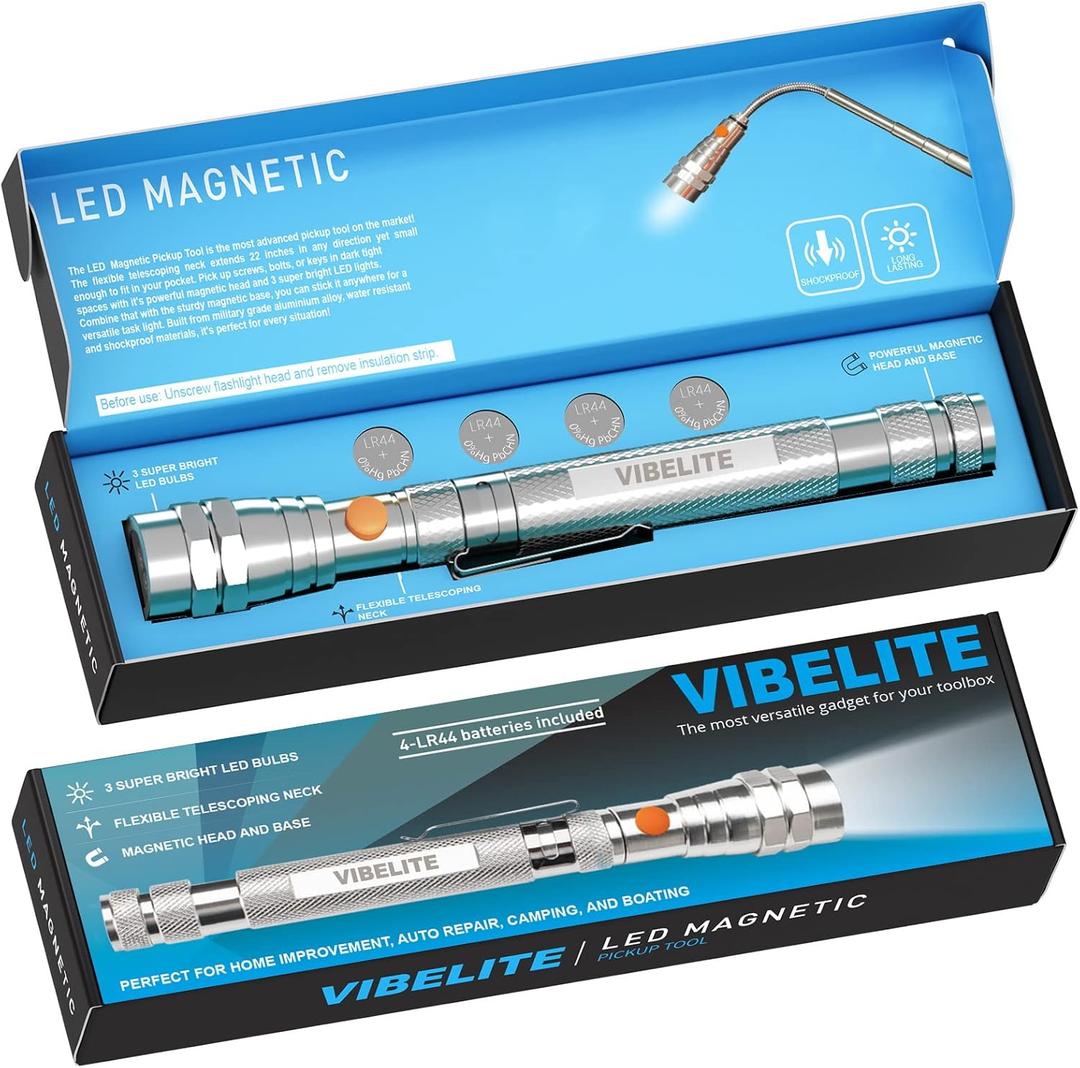 VIBELITE Extendable Magnetic Flashlight with Telescoping Magnet Pickup Tool-Cool Gadget Birthday for Men, Dad, Husband, Him, Father, Mechanic,Tech, Handyman, Boyfriend, Women, Silve