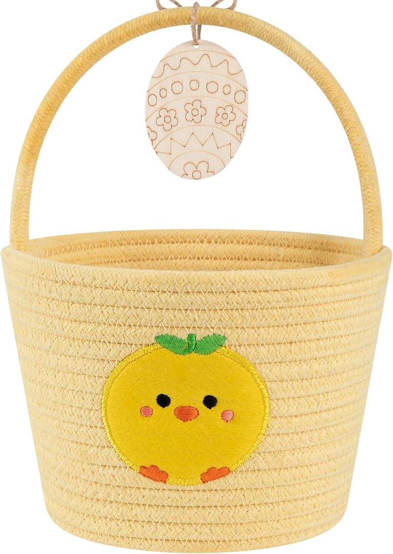 OIAHOMY Gift Basket with Handle, Personalized Baby Basket for Kids, Woven Rope Gift Empty for Toys, Baby Treasure Hunt Baskets with Wooden Card for Boys and Girls - Yellow (7.9"D x 5.9"W x 5.9"H)