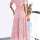 PRETTYGARDEN Womens 2026 Summer Maxi Dress Short Sleeve V Neck Hollow Out Eyelet A Line Long Flowy Beach Vacation Dresses (Pink, M)