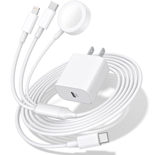 Travel Essentials for Apple Watch Charger, 60W 3in1 iPhone/Lightning/iWatch Magnetic Fast Charging Multi Cable 6FT wtih 20W Charger Block for iWatch Ultra/SE/11/10/9/8/7/6/5/4/3, iPhone 17/16/15/14/13