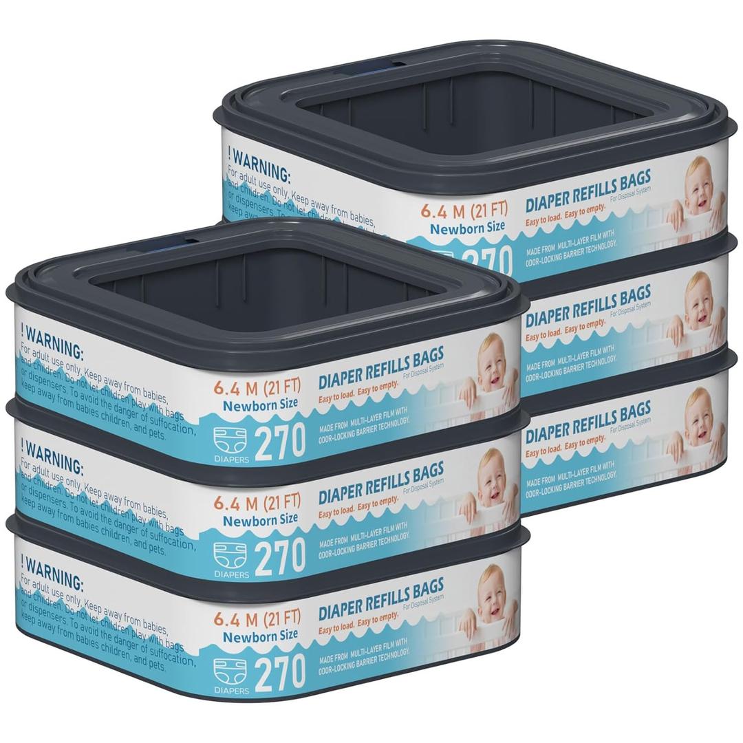 Standard Square Refills Disposal Bags Refill Compatible with Diaper Genie Classic, Compact and Select Pails, Hold Up to 270 Newborn-Sized Diapers Per Refill, Pack of 6