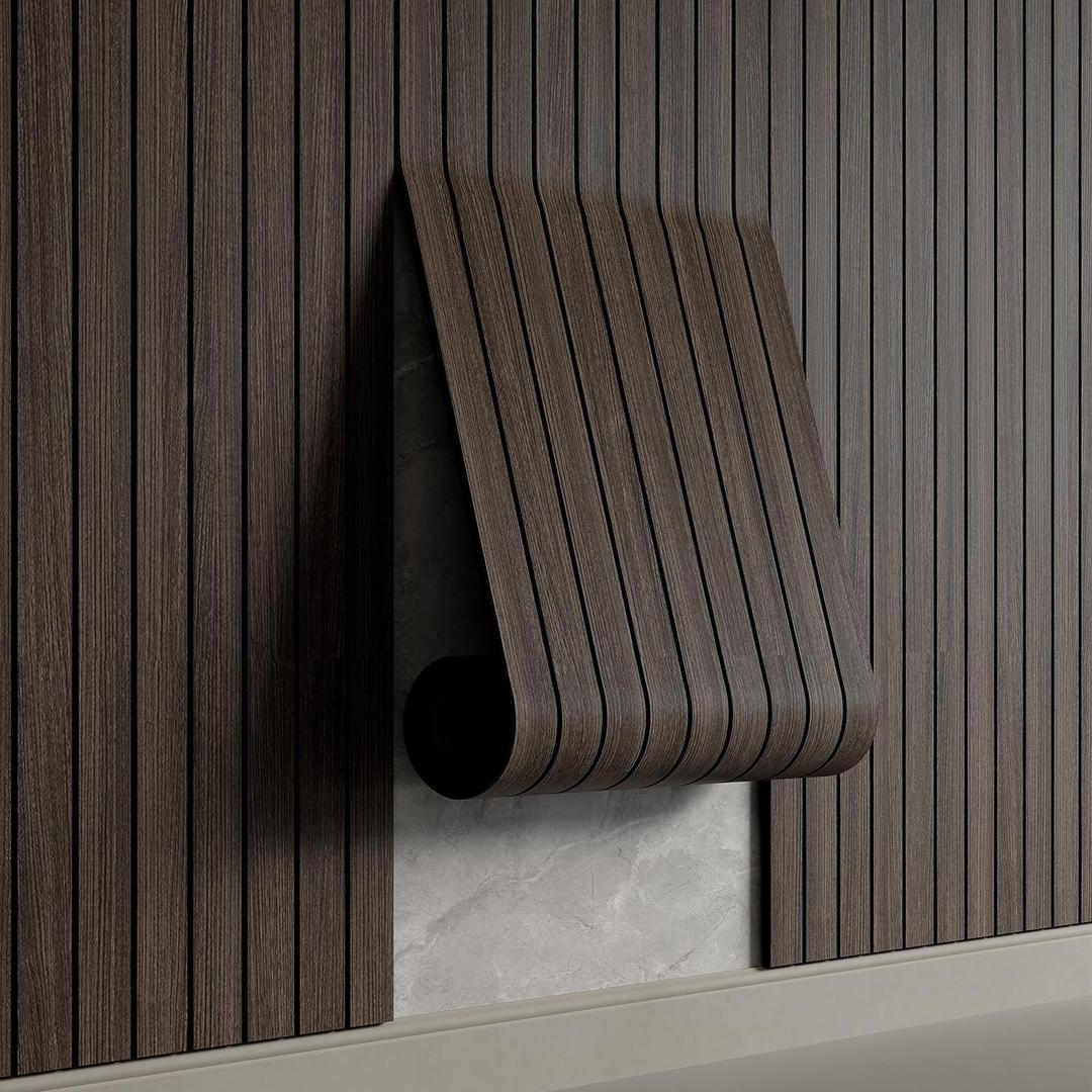 Peel and Stick PVC Slat Wall Panel 118"x15.75" Self-Adhesive Thick Faux Smoked Wood Grain Wallpaper Panel 3D Soundproof Wall Panels for Walls & Ceilings